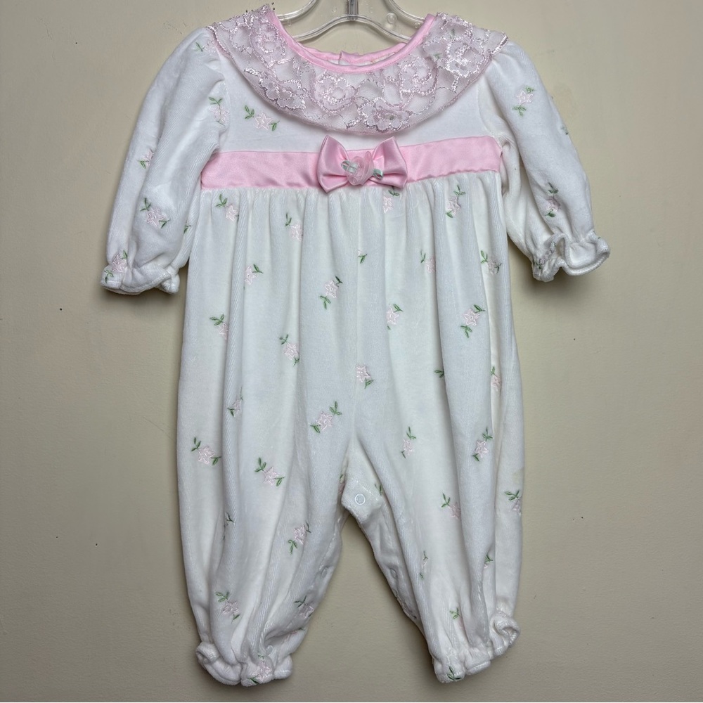 VTG BT Kids Pink Velour Velvet Rose Embroidered Lace‎ Collar Romper 3-6 Months
